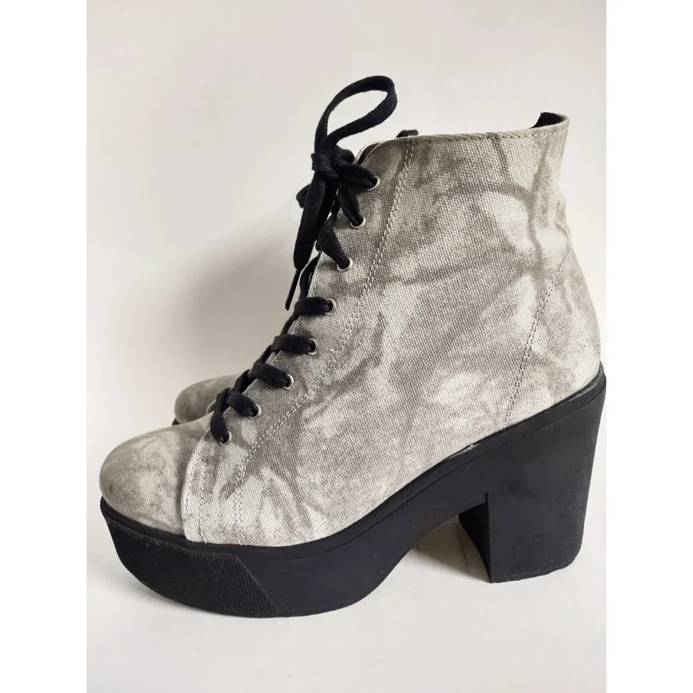 Sixtyseven Combat Boots 10 / 41‎ Platform Canvas Gray Block Heel Vegan Lace-up